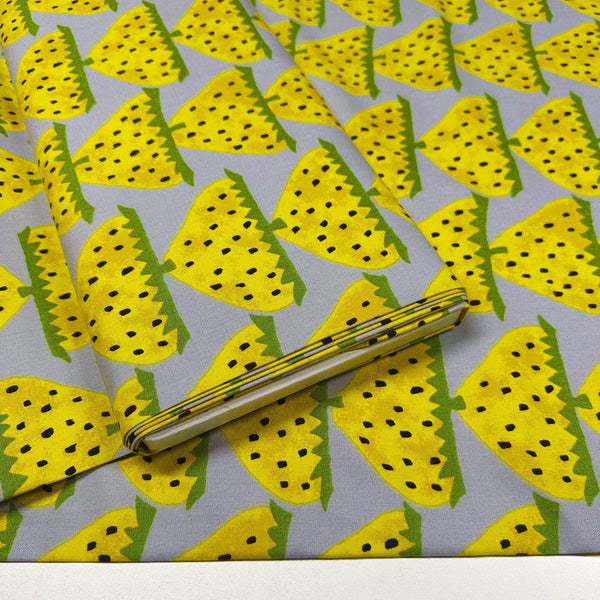 Scandi Strawberries Cotton Canvas Fabric, Kobayashi  Imported from Japan, Gray Yellow