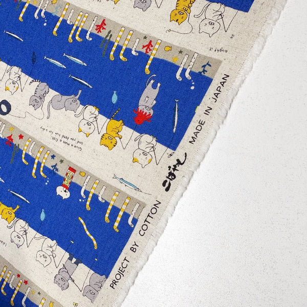 Fishing Cats Canvas Fabric in Blue - Cotton Linen Blend by Cotton Kobayashi