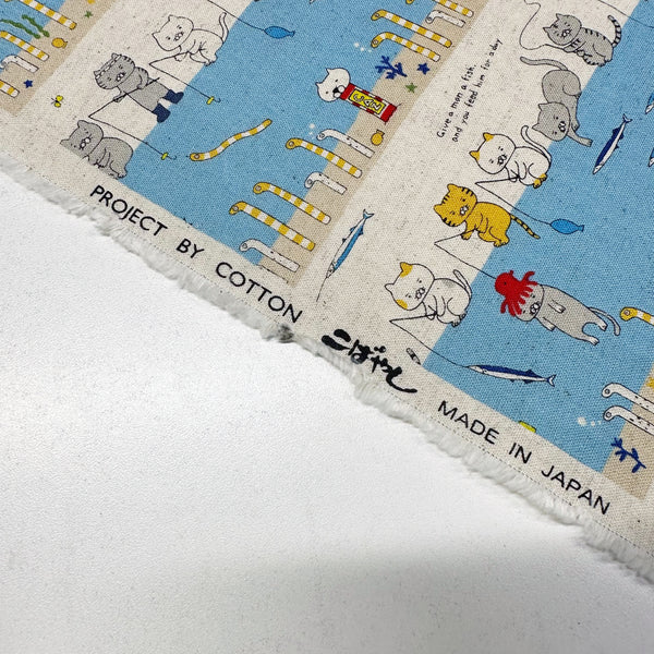 Fishing Cats Canvas Fabric in Light Blue - Cotton Linen Blend by Cotton Kobayashi