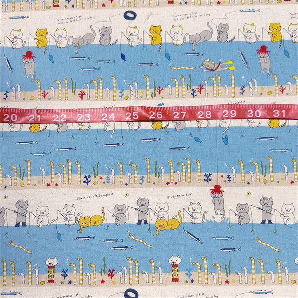 Fishing Cats Canvas Fabric in Light Blue - Cotton Linen Blend by Cotton Kobayashi