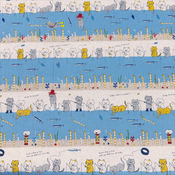 Fishing Cats Canvas Fabric in Light Blue - Cotton Linen Blend by Cotton Kobayashi