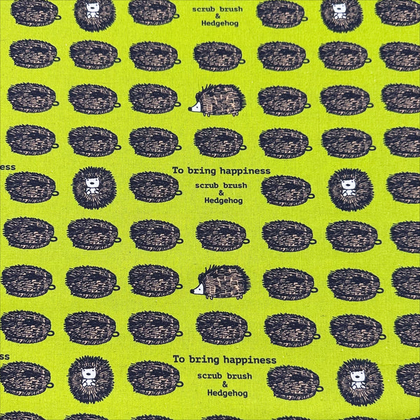 Hedgehog Scrub Brushes Canvas Fabric in Green - Cotton Linen Blend by Cotton Kobayashi