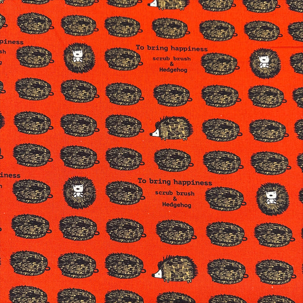 Hedgehog Scrub Brushes Canvas Fabric in Red - Cotton Linen Blend by Cotton Kobayashi