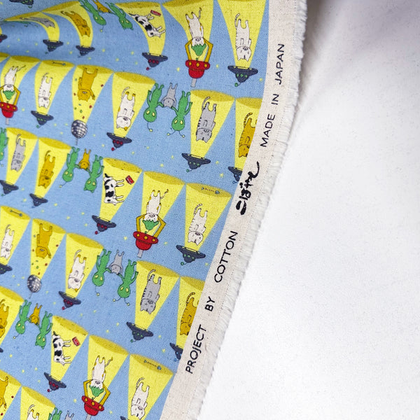 Kitty Cats Alien Abduction Canvas Fabric in Blue - Cotton Linen Blend by Cotton Kobayashi