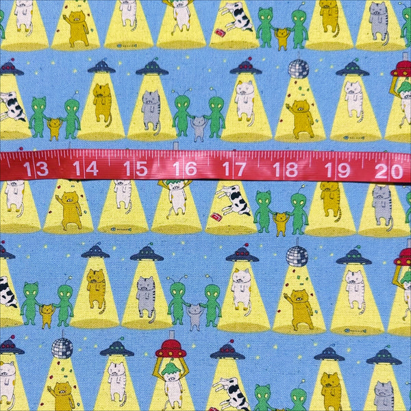 Kitty Cats Alien Abduction Canvas Fabric in Blue - Cotton Linen Blend by Cotton Kobayashi