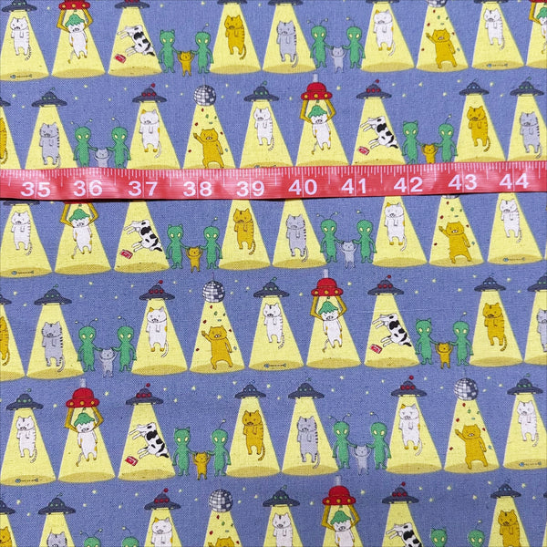 Kitty Cats Alien Abduction Canvas Fabric in Gray - Cotton Linen Blend by Cotton Kobayashi