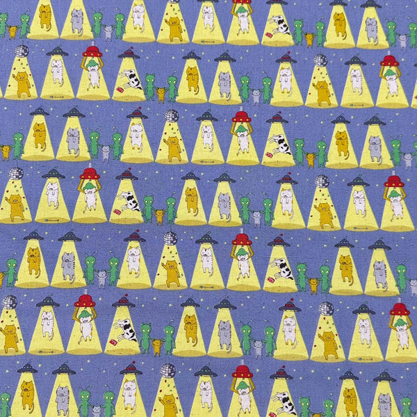 Kitty Cats Alien Abduction Canvas Fabric in Gray - Cotton Linen Blend by Cotton Kobayashi