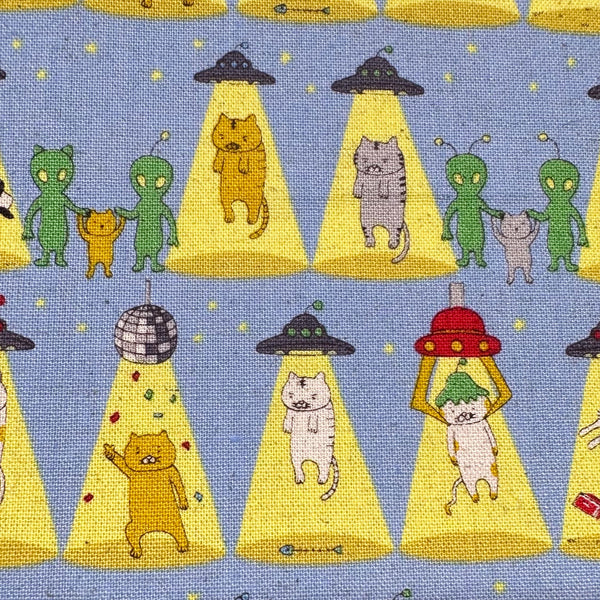 Kitty Cats Alien Abduction Canvas Fabric in Gray - Cotton Linen Blend by Cotton Kobayashi