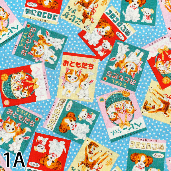 KoroKoro Animal Picture Books Cotton Fabric in Light Blue by Koko Seki, Japanese Import