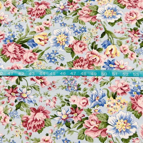 Flowerhouse Serene Blue Pink Floral Cotton Jersey Knit Stretch Fabric Robert Kaufman