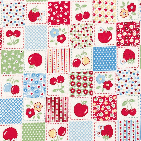 Happy Message 30s Patchwork Blocks Cotton Fabric in Red and Blue, Japanese Import