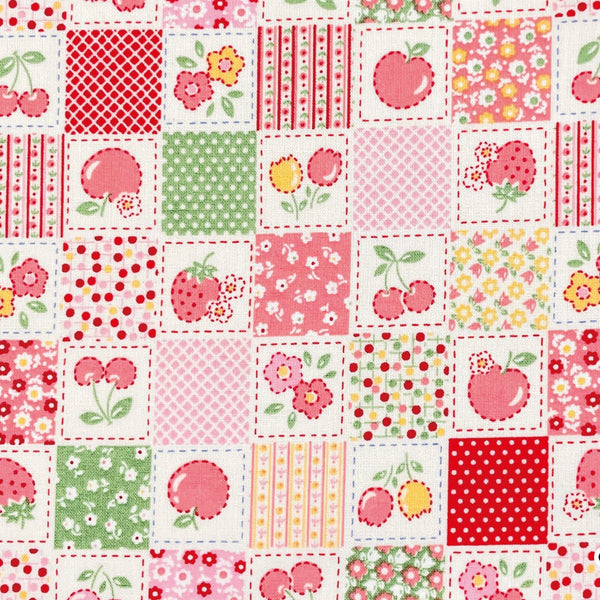 Happy Message 30s Patchwork Blocks Cotton Fabric in Red and Green, Japanese Import