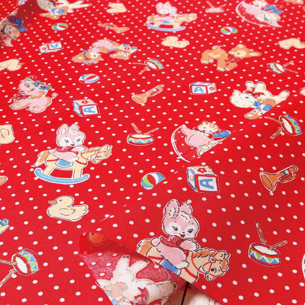 Happy Message 30s Cute Animals Cotton Fabric in Red, Japanese Import