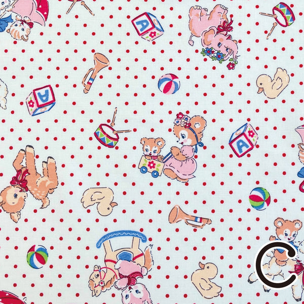 Happy Message 30s Cute Animals Cotton Fabric in White and Red, Japanese Import