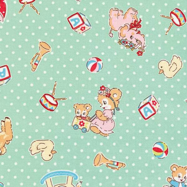 Happy Message 30s Cute Animals Cotton Fabric in Mint, Japanese Import