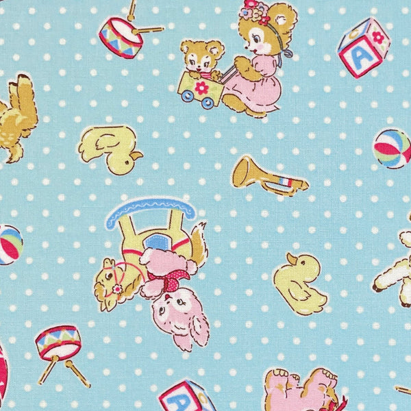 Happy Message 30s Cute Animals Cotton Fabric in Blue, Japanese Import