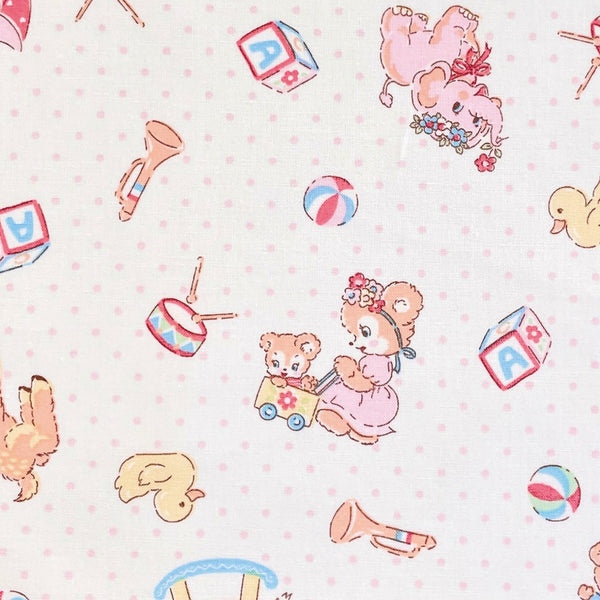 Happy Message 30s Cute Animals Cotton Fabric in White and Pink, Japanese Import