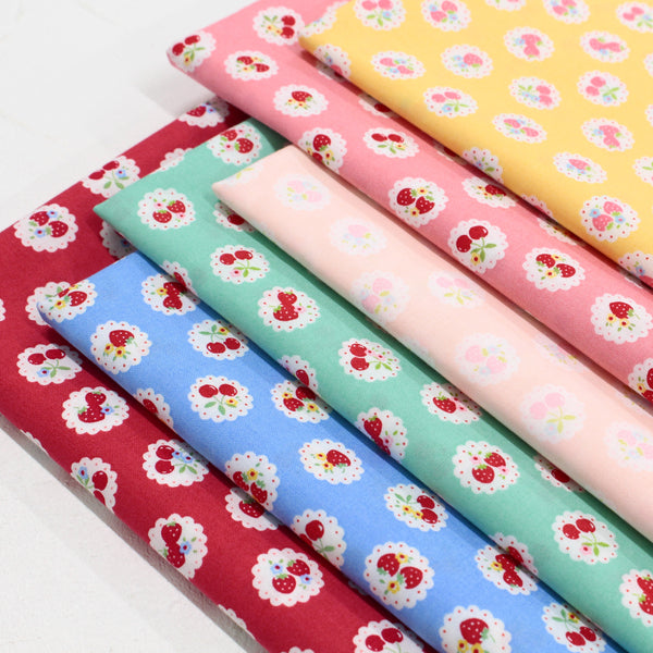 Happy Message 30s Strawberries and Cherries Cotton Fabric in Yellow, Japanese Import