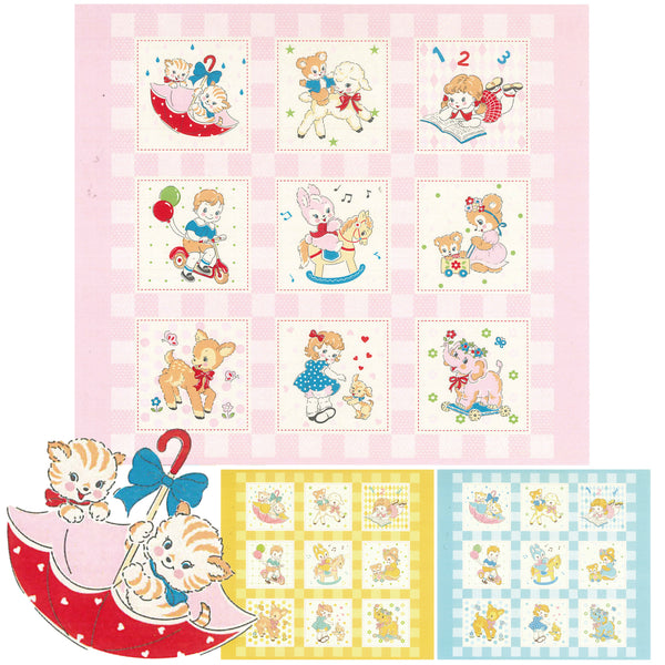 Happy Message 30s Cute Animals Cotton Fabric Panel in Pink, Japanese Import