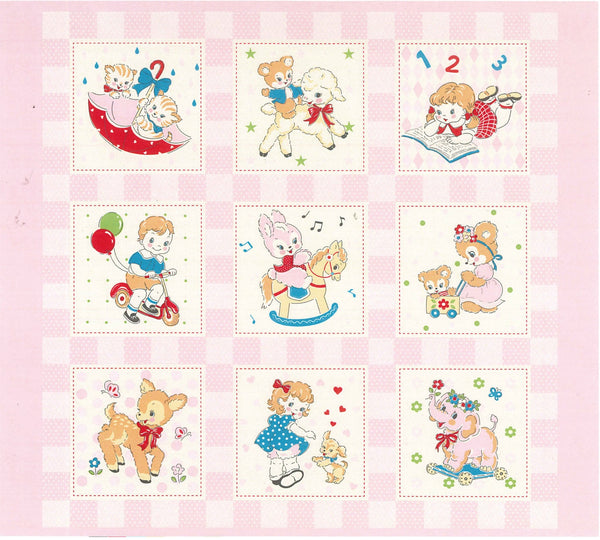 Happy Message 30s Cute Animals Cotton Fabric Panel in Pink, Japanese Import