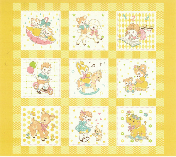Happy Message 30s Cute Animals Cotton Fabric Panel in Yellow, Japanese Import