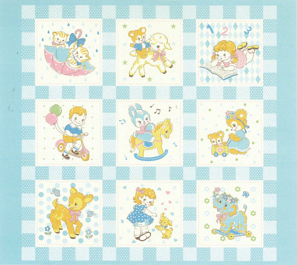Happy Message 30s Cute Animals Cotton Fabric Panel in Blue, Japanese Import
