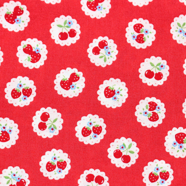 Happy Message 30s Strawberries and Cherries Cotton Fabric in Red, Japanese Import