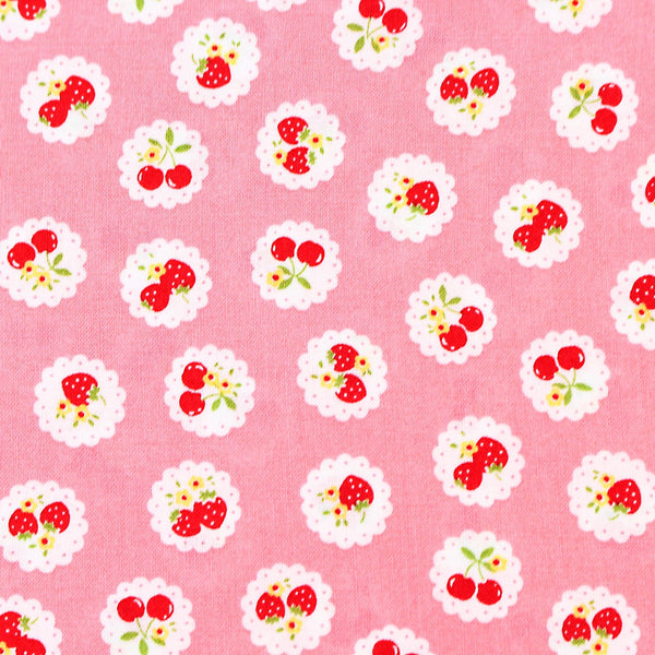 Happy Message 30s Strawberries and Cherries Cotton Fabric in Pink, Japanese Import