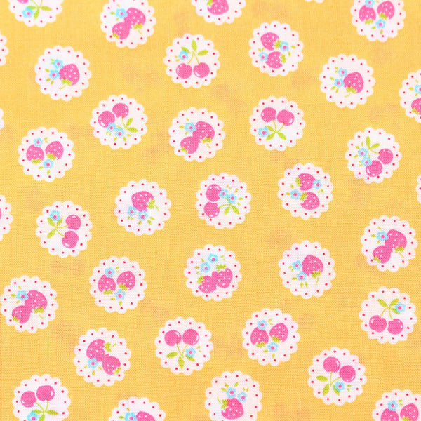 Happy Message 30s Strawberries and Cherries Cotton Fabric in Yellow, Japanese Import