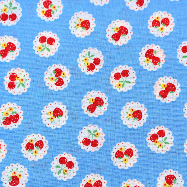 Happy Message 30s Strawberries and Cherries Cotton Fabric in Blue, Japanese Import