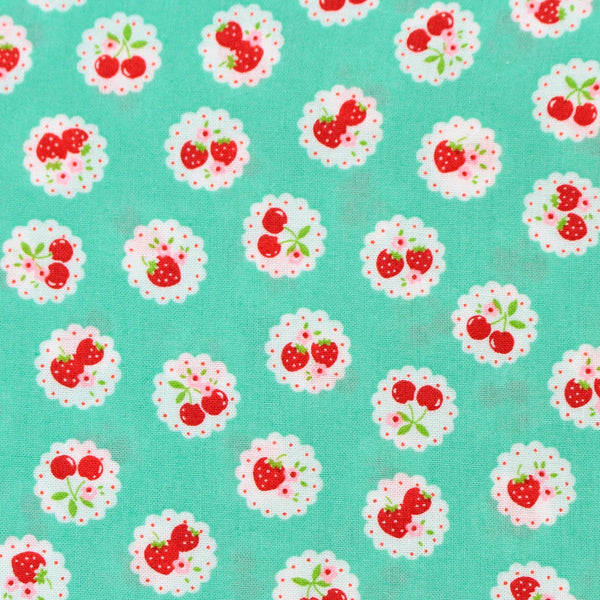 Happy Message 30s Strawberries and Cherries Cotton Fabric in Mint, Japanese Import