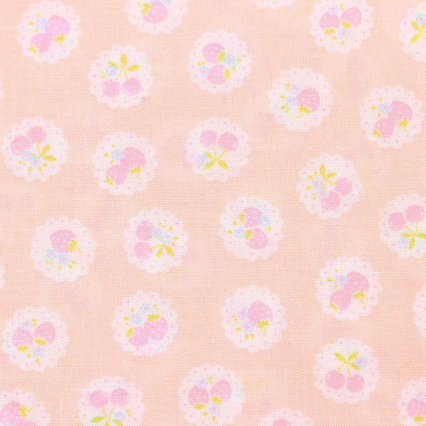 Happy Message 30s Strawberries and Cherries Cotton Fabric in Pale Pink, Japanese Import