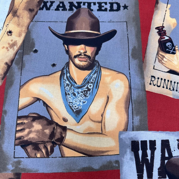 Wanted Sexy Outlaws Pin Up Men Cotton Fabric by Alexander Henry, Old Red