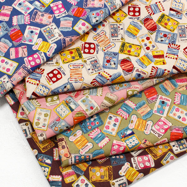PRE ORDER Cheery Days by Koko Seki Cotton Fabric, Retro Sewing Notions Toss, Blue