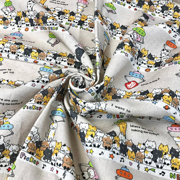 Claw Machine Cats Canvas Fabric in Natural - Cotton Linen Blend by Cotton Kobayashi