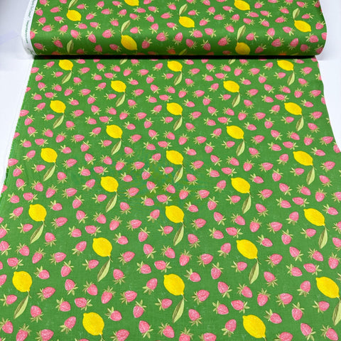 Summer Love Strawberry Lemonade in Green Fabric by Cora Dantini, Free Spirit Fabrics