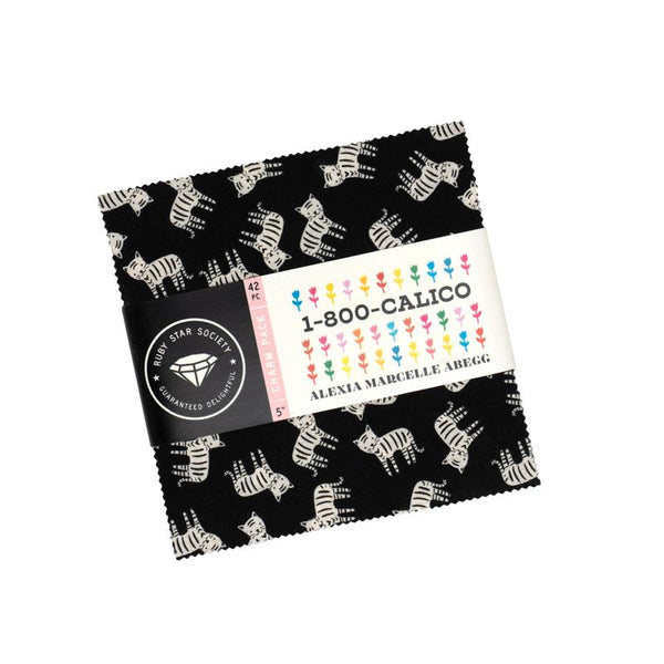 1-800 Calico Charm Pack by Alexia Abegg for Ruby Star Society features 42 assorted 5" squares in a mix of colorful prints from the collection.