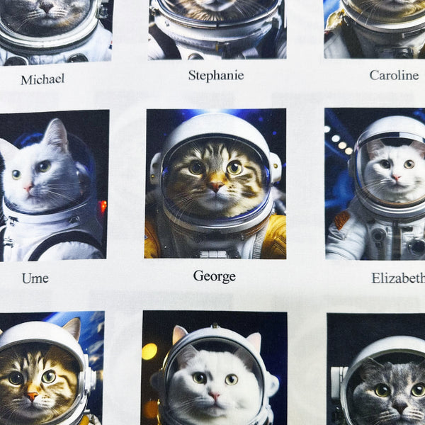 Close up of 1 Yard Astronaut Cats Cotton Fabric by Nora – photo-real digitally printed blocks of astronaut cats, 100% cotton, 43" wide, imported from Japan