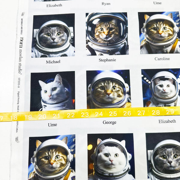 Scale of 1 Yard Astronaut Cats Cotton Fabric by Nora – photo-real digitally printed blocks of astronaut cats, 100% cotton, 43" wide, imported from Japan