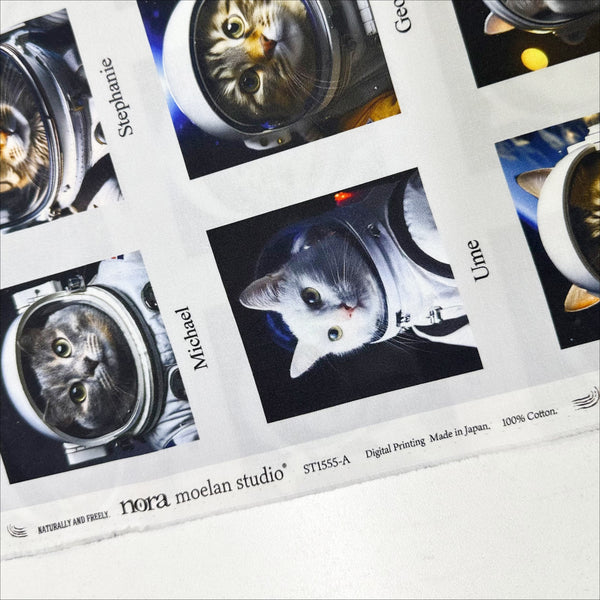 Selvage of 1 Yard Astronaut Cats Cotton Fabric by Nora – photo-real digitally printed blocks of astronaut cats, 100% cotton, 43" wide, imported from Japan