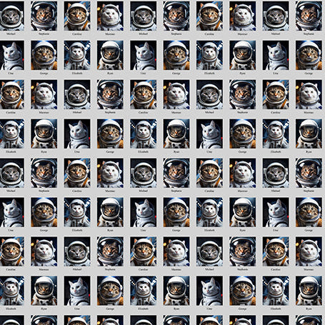 Grid of 1 Yard Astronaut Cats Cotton Fabric by Nora – photo-real digitally printed blocks of astronaut cats, 100% cotton, 43" wide, imported from Japan
