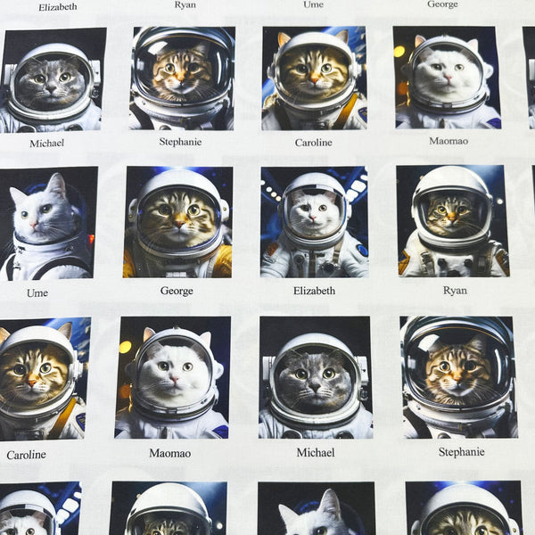 1 Yard Astronaut Cats Cotton Fabric by Nora – photo-real digitally printed blocks of astronaut cats, 100% cotton, 43" wide, imported from Japan