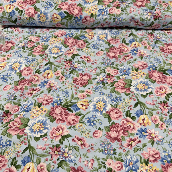 Flowerhouse Serene Blue Pink Floral Cotton Jersey Knit Stretch Fabric Robert Kaufman