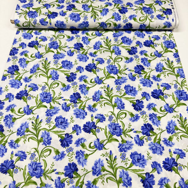 Jubilee Flowerhouse Carnations Debbie Beaves Cotton Fabric Robert Kaufman FLH-21102-4 Blue