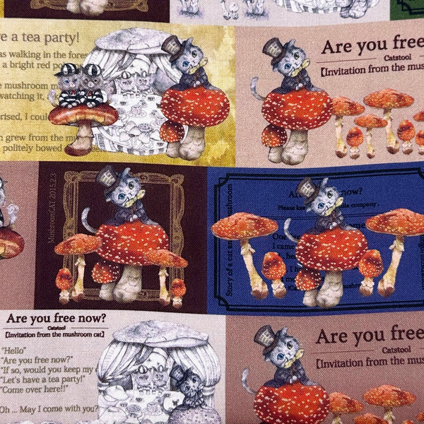 1 FQ Mushroom Cats Tea Party Cotton Fabric in Blue by Illustrator Ringo, Imported from Japan