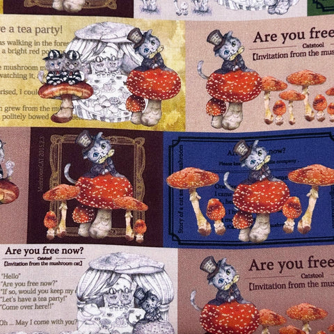 1 FQ Mushroom Cats Tea Party Cotton Fabric in Blue by Illustrator Ringo, Imported from Japan