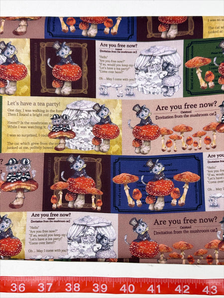 1 FQ Mushroom Cats Tea Party Cotton Fabric in Blue by Illustrator Ringo, Imported from Japan