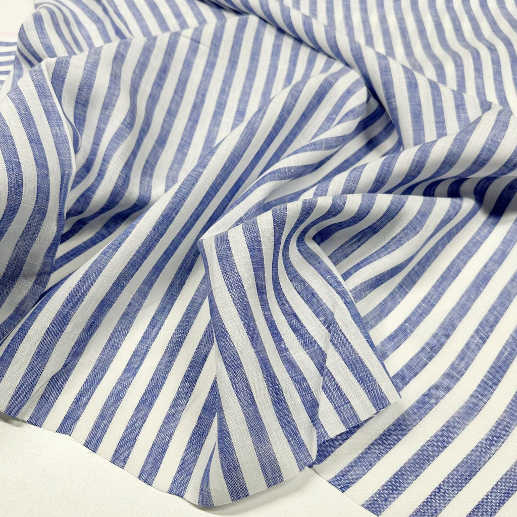 Limerick Linen Yarn Dyed Blue White Stripe Fabric Pure Linen Robert Ka Fabric & Frolic