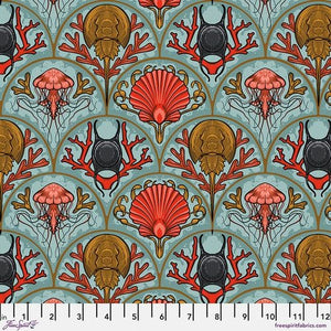 Mariana Scallops by the Seashore in Aqua Cotton Fabric by Rachel Hauer, Free Spirit Fabrics