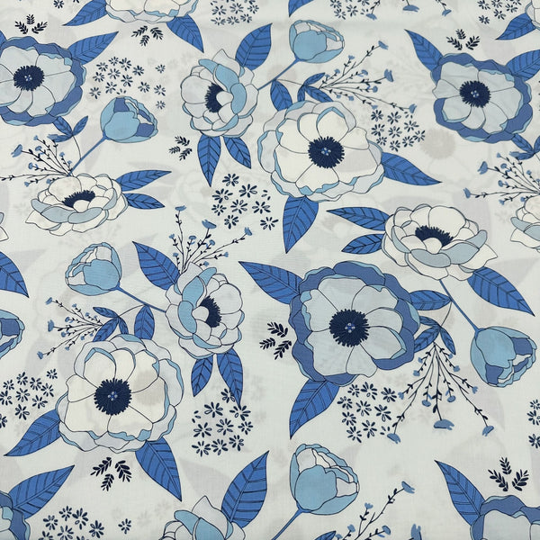 True Blue Sprinkled Peonies Azul by Maureen Cracknell Cotton Fabric, AGF Art Gallery Fabrics TBL89503